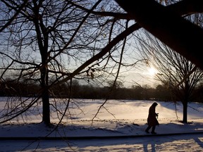 A person walks through a snow park.