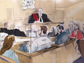 In this courtroom sketch, (left to right) Ravin Pillay (Dellen Millard's lawyer), Thomas Dungey (Mark Smich's lawyer), Dellen Millard, Mark Smich, Justice Michael Code, and Laura Babcock's parents Clayton and Linda attend the sentencing hearing for Millard and Smich in Toronto on Feb. 26, 2018.