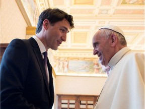 Canadian Prime Minister Justin Trudeau shakes hands with Pope Francis on the occasion of their private audience, at the Vatican, Monday, May 29, 2017.