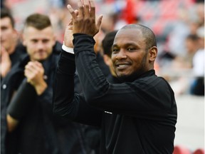 Julian de Guzman acknowledges the crowd when he makes a cameo appearance as a player for Fury FC last season during a friendly against Montreal Impact at TD Place stadium.