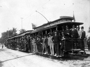 Thomas Ahearn, mayor Thomas Birkett, city coucil members and other guests take the first street car to Ottawa's Exhibition Grounds, 1891.
