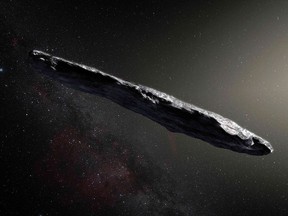 This handout photo released by the European Southern Observatory on November 20, 2017 shows an artist's impression of the first interstellar asteroid: Oumuamua.  This unique object was discovered on 19 October 2017 by the Pan-STARRS 1 telescope in Hawaii. Subsequent observations from ESO's Very Large Telescope in Chile and other observatories around the world show that it was travelling through space for millions of years before its chance encounter with our star system. `Oumuamua seems to be a dark red highly-elongated metallic or rocky object, about 400 metres long, and is unlike anything normally found in the Solar System.