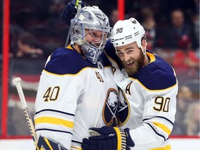 Sabres goalie Robin Lehner is congratulated by Ryan O'Reilly after picking up a win over his former team on Thursday, March 8, 2018 at the CTC.