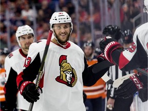 Defenceman Fredrik Claesson (33) celebrates after scoring a goal during the Senators' 6-1 win against the Oilers in Edmonton on Oct. 14. David Bloom/Postmedia