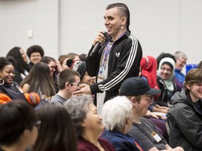 Ottawa hip-hop artist Cody Coyote speaks at an indigenous youth symposium organized by the Ottawa-Carleton District School Board on Friday, March 23, 2018.