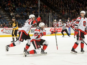 Ottawa forward #23 Shaw Boomhower celebrates a goal. Ottawa went on to win 5-4.