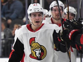 Jean-Gabriel Pageau of the Senators celebrates with teammates on the bench after scoring a goal against the Golden Knights in the second period of last Friday's game in Las Vegas.