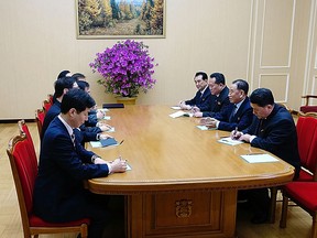 Kim Yong-Chol, second right, vice chairman of North Korea's ruling Workers' Party Central Committee, talks with South Korean delegation on March 5, 2018 in Pyongyang, North Korea.