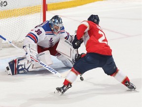 Vincent Trocheck of the Panthers skates in on Henrik Lundqvist of the Rangers to score the game-winning goal in the shootout on Saturday night.