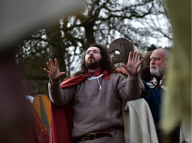 The druid Malachy played by Ciaron Davies interacts with Saint Patrick as the re-enactment of Saint Patrick's first landing in Ireland takes place at Inch Abbey on March 11, 2018 in Downpatrick, Northern Ireland. The Irish annals for the fifth century date Patrick's arrival in Ireland in the year 432. The patron saint of Ireland's remains are believed to be buried nearby at Down Cathedral. Saint Patrick's Day is celebrated on the 17th of March.