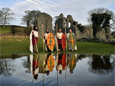 Members of the Magnus Viking association take part in the re-enactment of Saint Patrick's first landing in Ireland at Inch Abbey on March 11, 2018 in Downpatrick, Northern Ireland. The Irish annals for the fifth century date Patrick's arrival in Ireland in the year 432. The patron saint of Ireland's remains are believed to be buried nearby at Down Cathedral. Saint Patrick's Day is celebrated on the 17th of March.