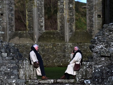 A member of the Magnus Viking association makes a phone call as he takes part in the re-enactment of Saint Patrick's first landing in Ireland at Inch Abbey on March 11, 2018 in Downpatrick, Northern Ireland. The Irish annals for the fifth century date Patrick's arrival in Ireland in the year 432. The patron saint of Ireland's remains are believed to be buried nearby at Down Cathedral. Saint Patrick's Day is celebrated on the 17th of March.