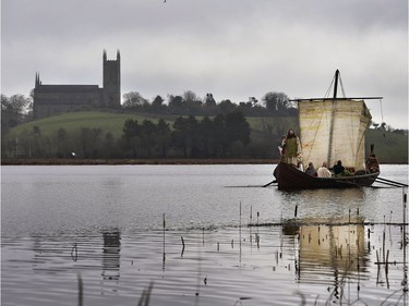 Marty Burns who plays Saint Patrick is brought to shore as the re-enactment of Saint Patrick's first landing in Ireland takes place at Inch Abbey on March 11, 2018 in Downpatrick, Northern Ireland. The Irish annals for the fifth century date Patrick's arrival in Ireland in the year 432. The patron saint of Ireland's remains are believed to be buried at Down Cathedral. Saint Patrick's Day is celebrated on the 17th of March.