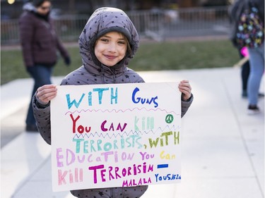 PHILADELPHIA, PA - MARCH 24: Emma Weill-Jones, 9, participates in the March for Our Lives rally on March 24, 2018 in Philadelphia, United States. More than 800 March for Our Lives events, organized by survivors of the Parkland, Florida school shooting on February 14 that left 17 dead, are taking place around the world to call for legislative action to address school safety and gun violence.