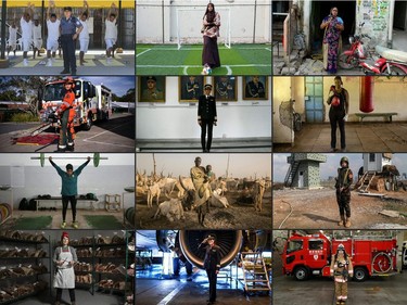To mark the occasion of International Women's Day on March 8, 2018 AFP presents a series of 45 photos depicting women performing roles or working in professions more traditionally held by men.  More images can be found in www.afpforum.com  Search SLUG  "WOMEN-DAY -PACKAGE".  (COMBO) This combination of pictures created on March 7, 2018 shows (from top, L-R) Nicol Gomez, 37, guardian at the La Esperanza prison, Somali football coach and player Marwa Mauled Abdi, 24, on March 1, 2018 in Hargeisa, Rajpati Devi, 45, a bike mechanic and puncture repairer, in Allahabad on February 24, 2018, New South Wales state emergency services (SES) volunteer Michelle Whye in Sydney on February 23, 2018, Anny Divya, 31, an Indian pilot who became the youngest woman in the world to captain the Boeing 777 aircraft on February 24, 2018, Sarah Achieng a 31 year-old professional boxer and sports administrator in Nairobi on February 27, 2018, South Sudanese cattle herder Mary Amer, 22, in Mingkaman, South Sudan, on March 3, 2018, Arazo Qadri, a 27-year-old female member of the Iraqi Kurdish Peshmerga in Arbil, the capital of the Kurdish autonomous region in northern Iraq, on February 20, 2018, Heather Marold Thomason, butcher and founder of Primal Supply Meats,  on March 2, 2018, in Lansdowne, Pennsylvania, Ana Sousa, 45, TAP Air Portugal pilot for 11 years, poses for a portrait at a TAP hangar in Lisbon on February 28, 2018, Ran Namise, 24, a firefighter belonging to the command squad, posing in front of a fire engine at Kojimachi Fire Station in Tokyo on February 23, 2018.