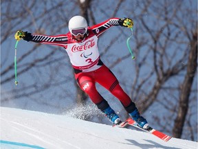 Canada's Mac Marcoux competes in the alpine skiing visually impaired men's downhill of the 2018 Pyeongchang Winter Paralympic Games on Saturday.