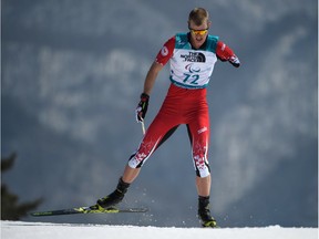 Canada's Mark Arendz competes in the men's standing 12.5-kilometre biathlon race on Tuesday.