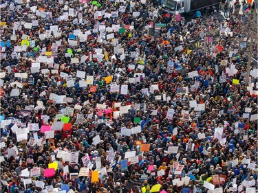 The crowd at the March for Our Lives Rally as seen from the roof of the Newseum in Washington, DC on March 24, 2018.  Galvanized by a massacre at a Florida high school, hundreds of thousands of Americans are expected to take to the streets in cities across the United States on Saturday in the biggest protest for gun control in a generation.