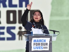 Edna Chavez speaks at the March for Our Lives rally in Washington, DC on March 24, 2018.  Galvanized by a massacre at a Florida high school, hundreds of thousands took to the streets in cities across the United States on Saturday in the biggest protest for gun control in a generation.