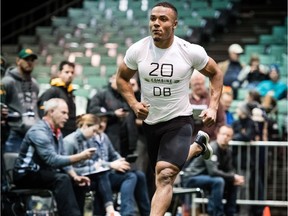 Jackson Bennett (20) from the University of Ottawa runs a sprint during the CFL Combine at the RBC Convention Centre in Winnipeg MB, on Saturday, March 24, 2018