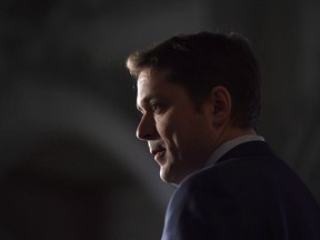 Conservative Leader Andrew Scheer speaks to reporters during a media availability on Parliament Hill in Ottawa on Tuesday, Feb. 6, 2018. Scheer is off to London to start laying the groundwork for his pledge to negotiate a free trade agreement with the United Kingdom should he become prime minister.THE CANADIAN PRESS/Justin Tang