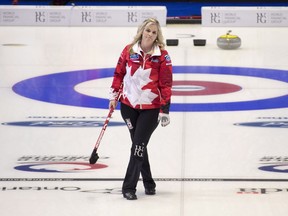 Canada skip Jennifer Jones reacts to her shot as they face China at the World Women's Curling Championship in North Bay, Ont., Monday, March 19, 2018.