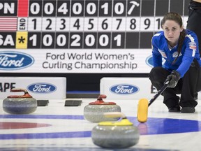 United States skip Jamie Sinclair marks a shot as they face Japan at the World Women's Curling Championship in North Bay, Ont., Monday, March 19, 2018.