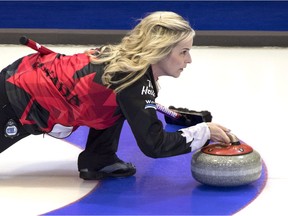 Canadian skip Jennifer Jones delivers a shot in Tuesday morning's game against Denmark.