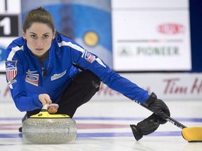 United States skip Jamie Sinclair fires a shot as they play Canada at the World Women's Curling Championship Friday, March 23, 2018 in North Bay, Ont.