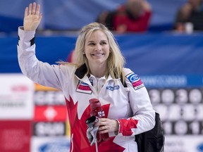 Canada skip Jennifer Jones waves to the crowd as she leaves the ice after defeating Japan at the World Women's Curling Championship Friday, March 23, 2018 in North Bay, Ont.