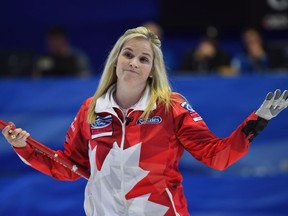 Canadian skip Jennifer Jones reacts to a shot during Saturday's semifinal game against the U.S. Canada won 9-7.