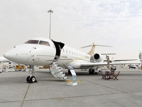 A Bombardier Global 6000 jet aircraft, manufactured by Bombardier Inc. aircraft, is seen on display during the 13th Dubai Airshow at Dubai World Central (DWC) in Dubai, United Arab Emirates, on Sunday, Nov. 17, 2013.