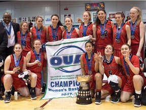 It's a happy bunch of Ravens after Saturday's 75-66 win against the Marauders in Hamilton. Ontario University Athletics photo via Twitter