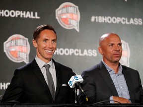 Steve Nash, left, and Jason Kidd are among the 13 inductees into the Naismith Memorial Basketball Hall of Fame in 2018. They met the media in San Antonio on Saturday.