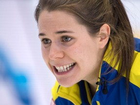 Sweden skip Anna Hasselborg reacts to one of her shots as they face Canada at the World Women's Curling Championship on March 21, 2018 in North Bay, Ont.