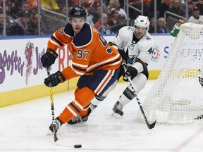 Edmonton's Connor McDavid (97), seen here in a March 14 game against San Jose, is an even better hockey player now than when Ben Harpur faced him in the 2014 OHL playoffs, the Senators defenceman said Wednesday. Ian Kucerak/Postmedia