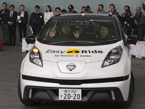 In this Feb. 23, 2018, file photo, Nissan Motor Co.'s Easy Ride robo-vehicle moves during a test ride in Yokohama, near Tokyo.