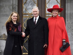 Governor General Julie Payette shakes hands with King Philippe and Queen Mathilde of Belgium during a state visit, at Rideau Hall in Ottawa on Monday, March 12, 2018.