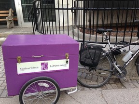 A person has made off with this distinctive purple Meals on Wheels bike trailer.