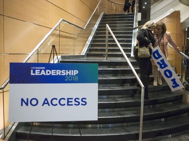 Doug Ford supporters leave the convention hall after Hartley Lefton, chair of the leadership election organizing committee, announced the delay of the Ontario PC leadership announcement, after confusion over the results, in Markham on Saturday, March 10, 2018.