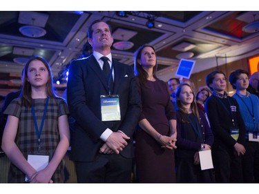 Candidate Caroline Mulroney stands with her family as she attends the Ontario Progressive Conservative Leadership announcement in Markham, Ont. on Saturday, March 10, 2018.
