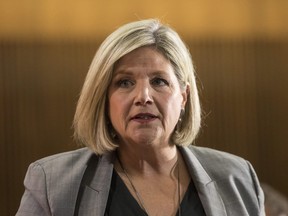 Ontario provincial NDP Leader Andrea Horwath takes questions from journalists during a pre-budget lock-up, as the Ontario Provincial Government prepares to deliver its 2018 Budget at the Queens Park Legislature in Toronto on Wednesday March 28, 2018.