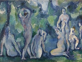 Paul Cézanne 
Paul Cézanne
Women Bathing, c. 1895
oil on canvas, 47 x 77 cm
Ordrupgaard, Copenhagen
Photo: Anders Sune Berg 
from Impressionists Treasures. The Ordrupgaard Collection exhibition.  Source: National Gallery of Canada