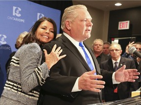 Doug Ford is hugged by his wife, Karla, after he was  elected as the new leader of the PC Party of Ontario on Saturday, March 10, 2018.