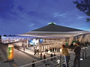 In this computer drawing provided by the Oak View Group, the planned appearance of the remodeled KeyArena in shown in Seattle. The group hopes to break ground by the end of 2018 and begin construction. Oak View Group released new renderings of the remodeled arena on Monday, Feb. 26, 2018, beginning a busy week for the group that is looking to bring NHL Hockey to Seattle for the 2020 season. (Oak View Group/via AP) ORG XMIT: WATW109