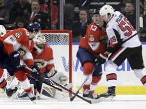 Senators Magnus Paajarvi scores a goal past the Panthers during the first period of Monday's game in Sunrise, Fla.