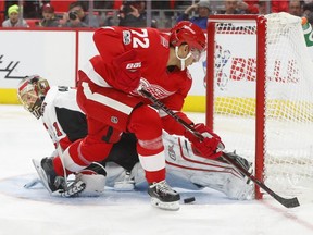 Senators goaltender Craig Anderson foils this breakaway attempt by the Red Wings' Andreas Athanasiou in the second period of a game on Jan. 3, but Athanasiou would later score the winning goal in overtime.