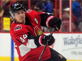 Jean-Gabriel Pageau takes a shot in the warm up period as the Ottawa Senators take on the Florida Panthers in NHL action at the Canadian Tire Centre in Ottawa.