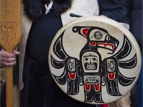 A tradition native drum with a symbol remembering the six chief who were hung 150 years ago is pictured during a ceremony to commemorate their deaths.