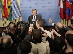 FILE - In this Dec. 6, 2006, file photo, then-United States Ambassador to the United Nations John Bolton speaks to the media before a Security Council meeting at United Nations Headquarters. President Donald Trump's favorite TV network is increasingly serving as a West Wing casting couch, as the president reshapes his administration with camera-ready personalities. Trump's new national security adviser,Bolton, is a former U.N. ambassador, a White House veteran _ and perhaps most importantly, a Fox News Channel talking head.